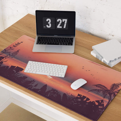 Sunset tropical gaming mouse pad with vibrant sunset scene and non-slip edge