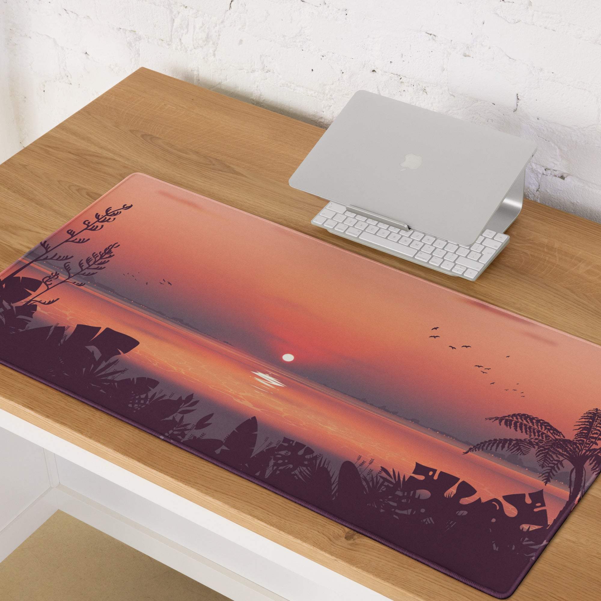 Large sunset tropical gaming mouse pad with non-slip edge stitch