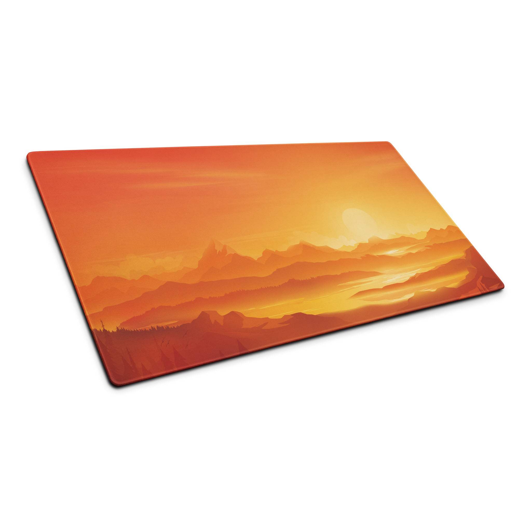 Sunset orange mountain landscape gaming mouse pad with layered silhouettes