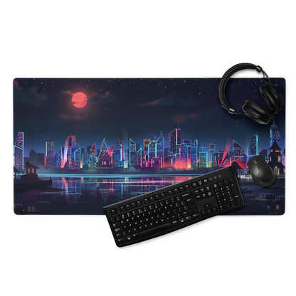 Cyberpunk city skyline neon gaming mouse pad with nebula starry sky