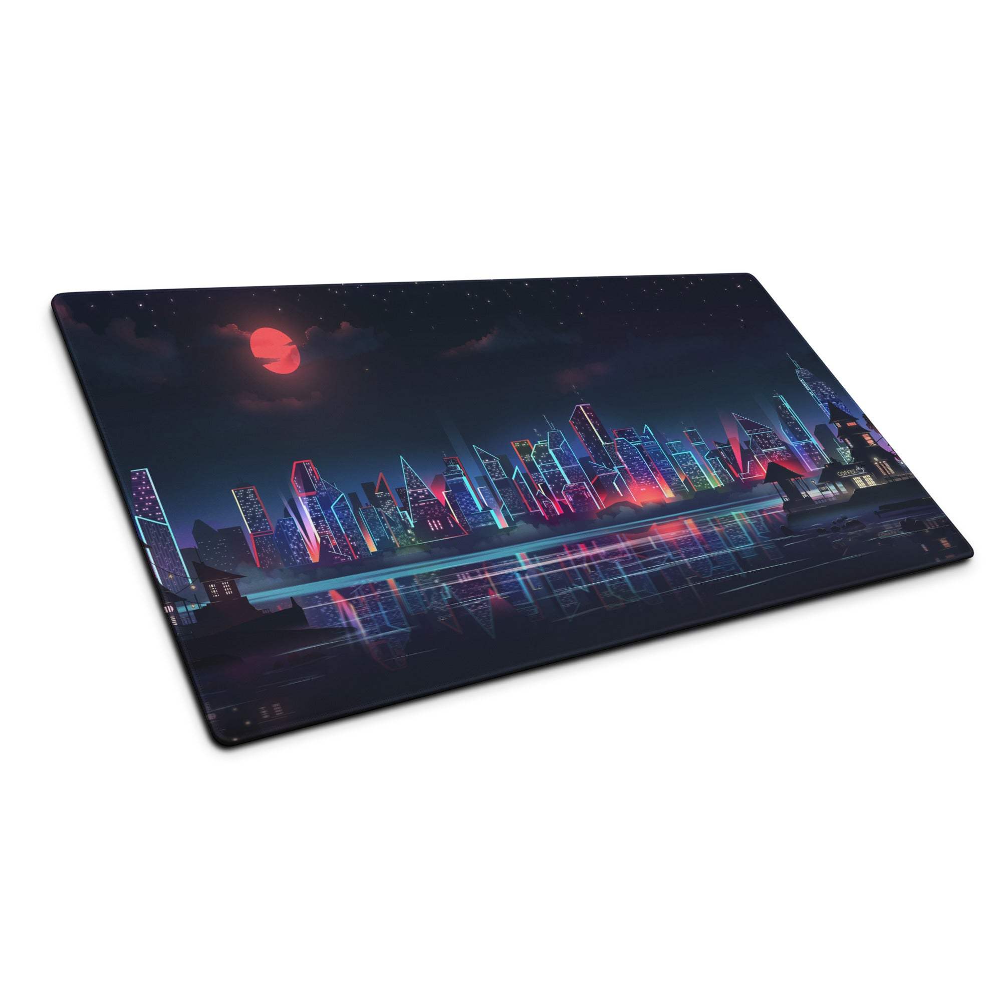 Cyberpunk city skyline neon gaming mouse pad with red moon and skyscrapers