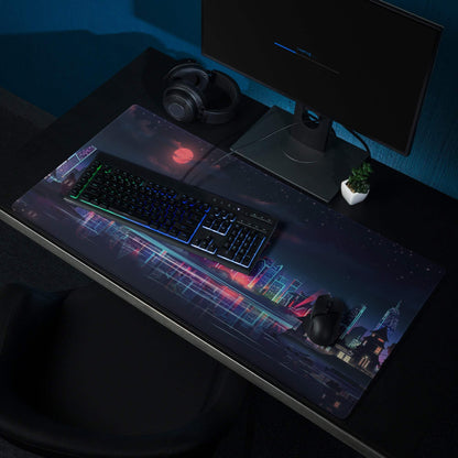 Cyberpunk city skyline neon night gaming mouse pad with nebula design