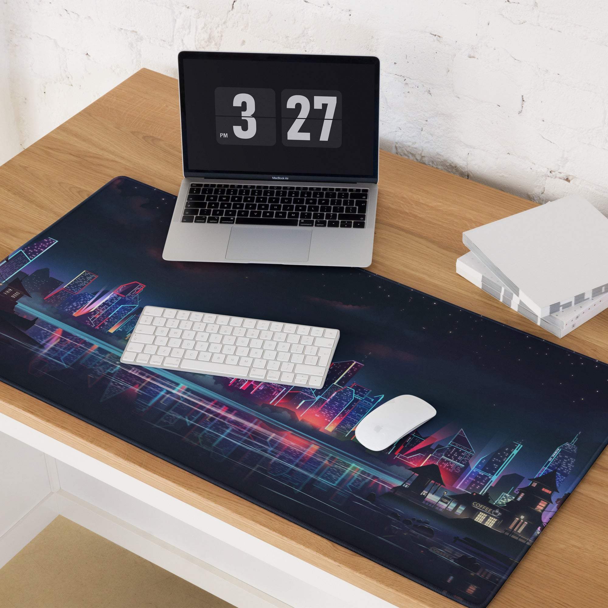 Cyberpunk city skyline neon night gaming mouse pad with non-slip base
