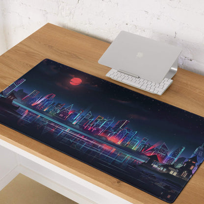Cyberpunk city skyline neon night gaming mouse pad with glowing skyscrapers