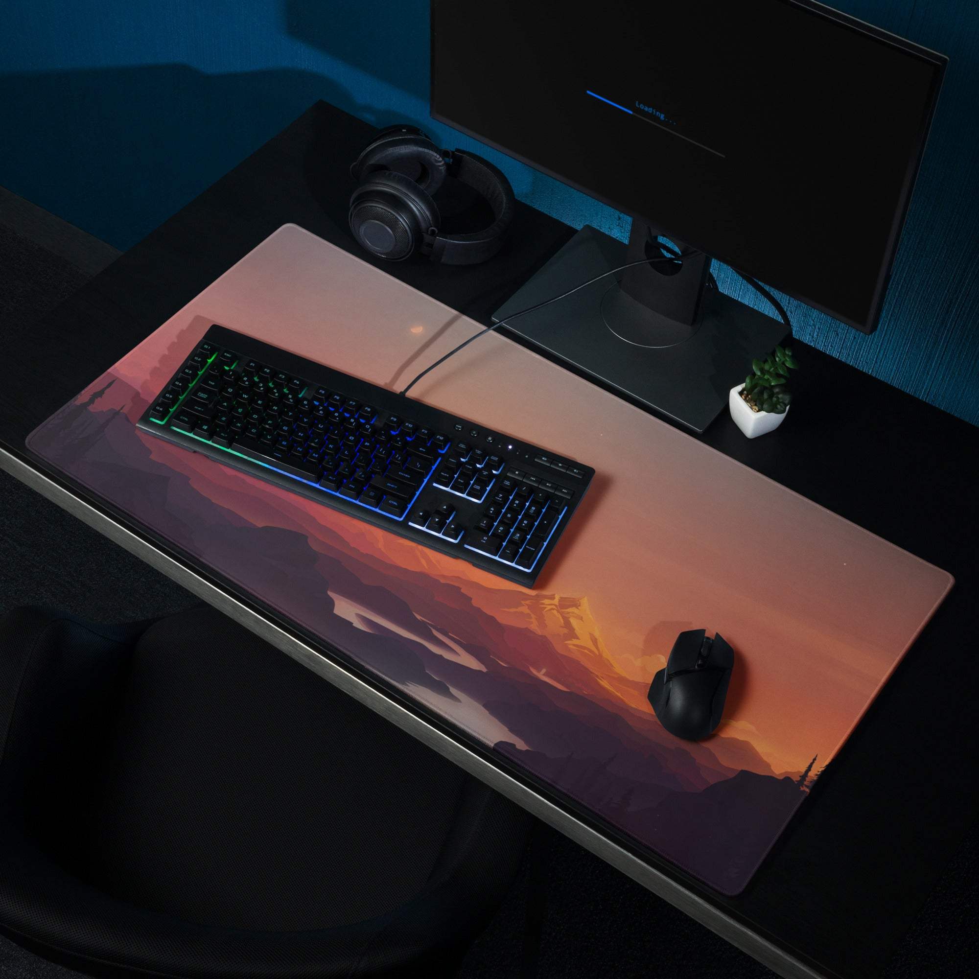 Large artistic sunset mountain gaming mouse pad with non-slip bottom