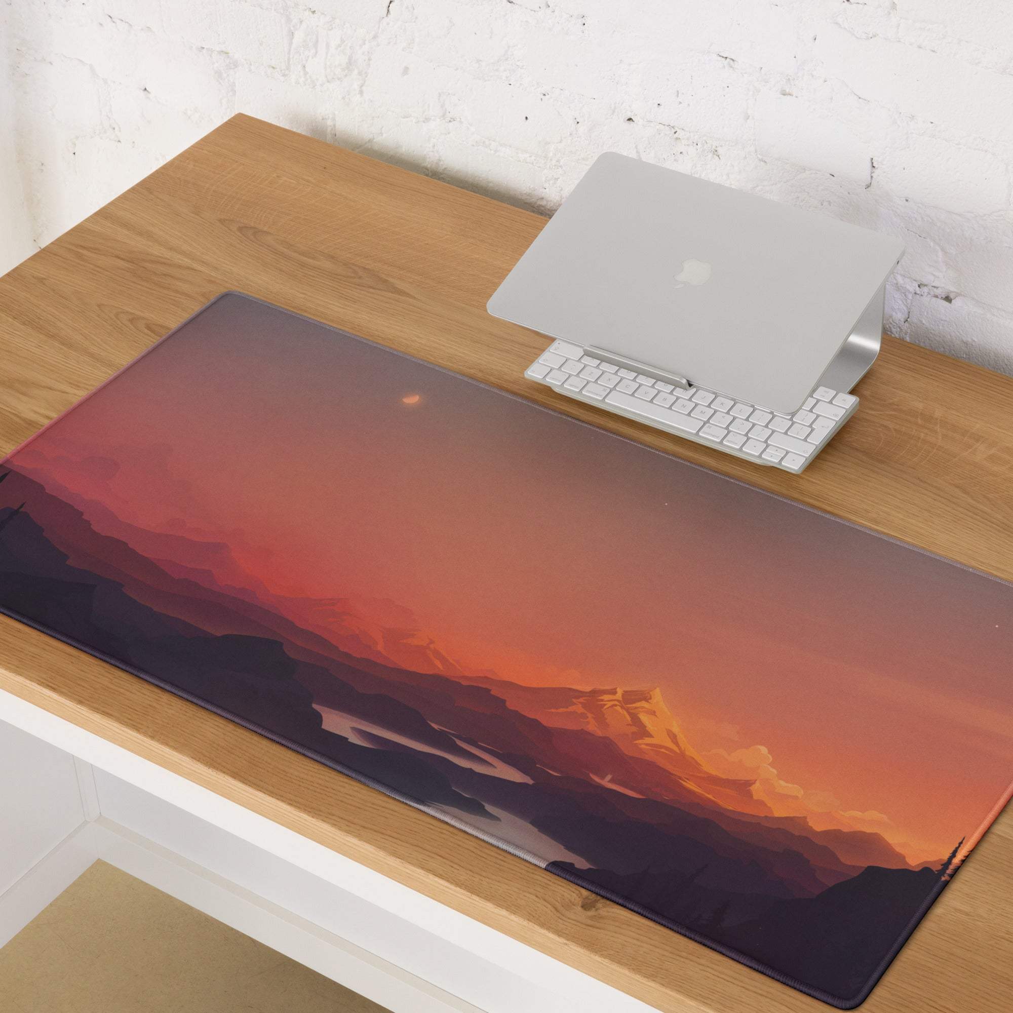 Vibrant sunset over mountains on large artistic gaming mouse pad