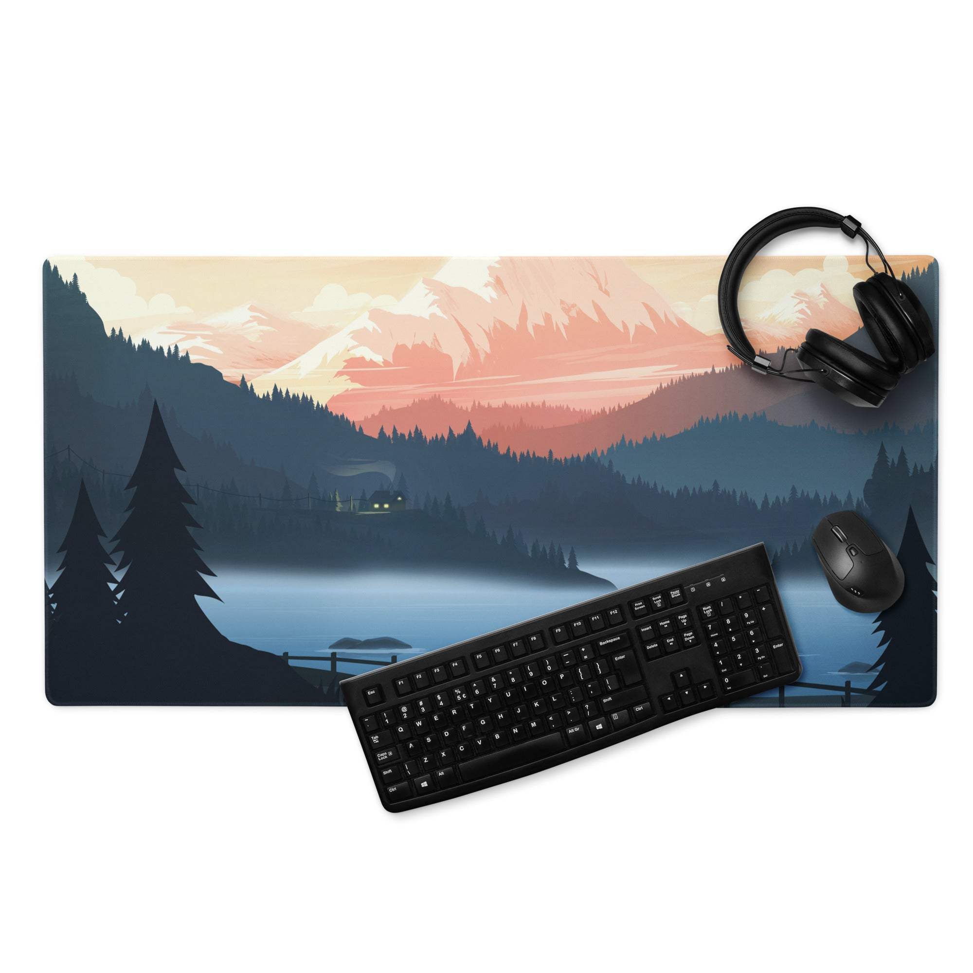 Stylized mountain lake twilight blue sunset gaming mouse pad with serene landscape