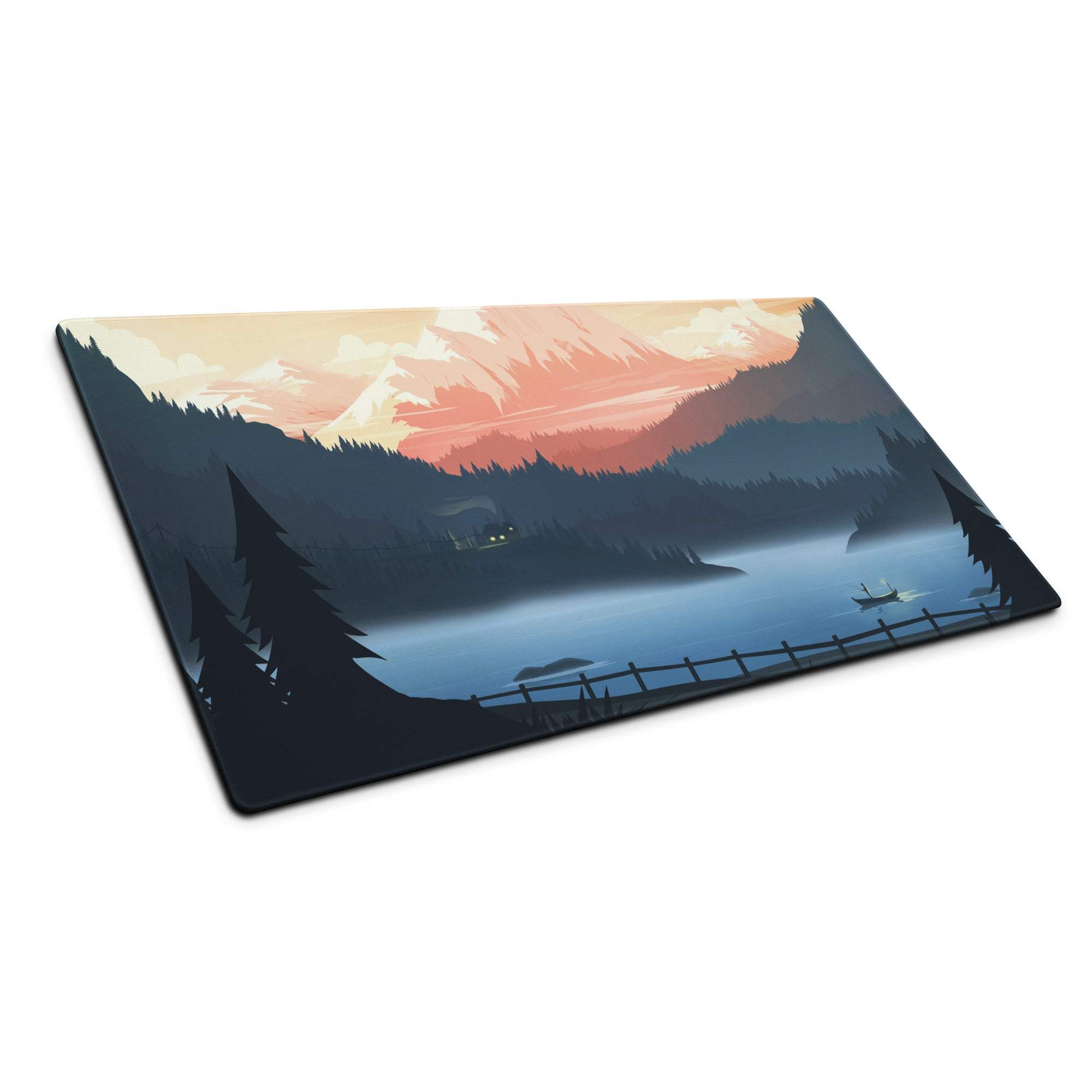 Stylized mountain lake cutting board in peach blue green pastel tones