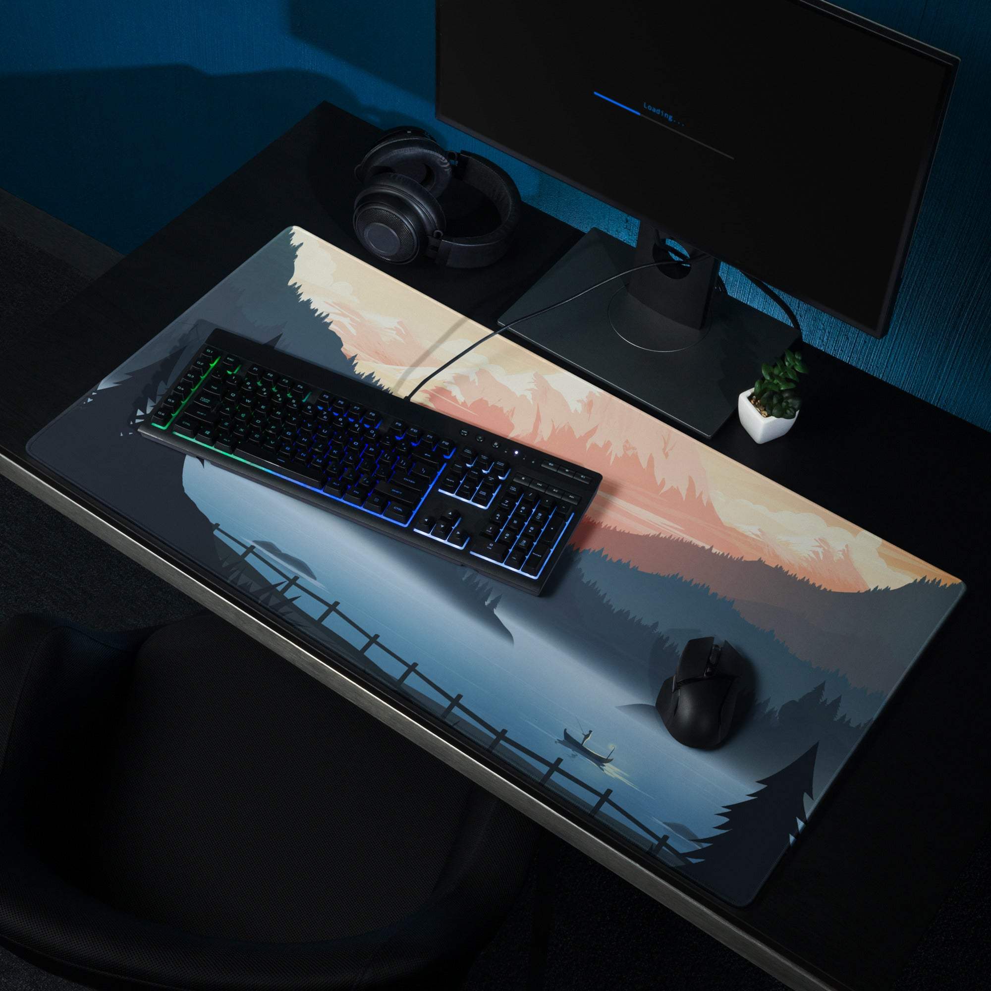 Stylized mountain lake twilight blue sunset gaming mouse pad with serene landscape