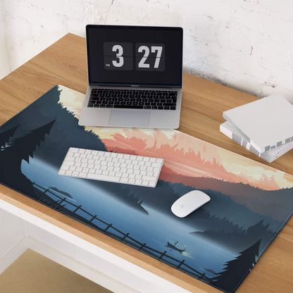Stylized mountain lake twilight blue sunset gaming mouse pad with serene landscape