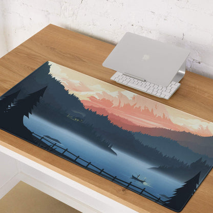Stylized mountain lake twilight blue sunset gaming mouse pad with silhouetted pines