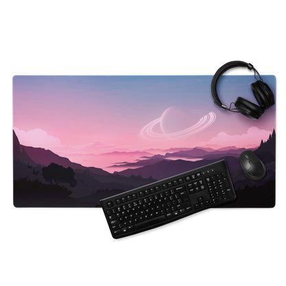 Epic Landscape Pink Sunset gaming mouse pad with vibrant gradient sky, mountains, Saturn