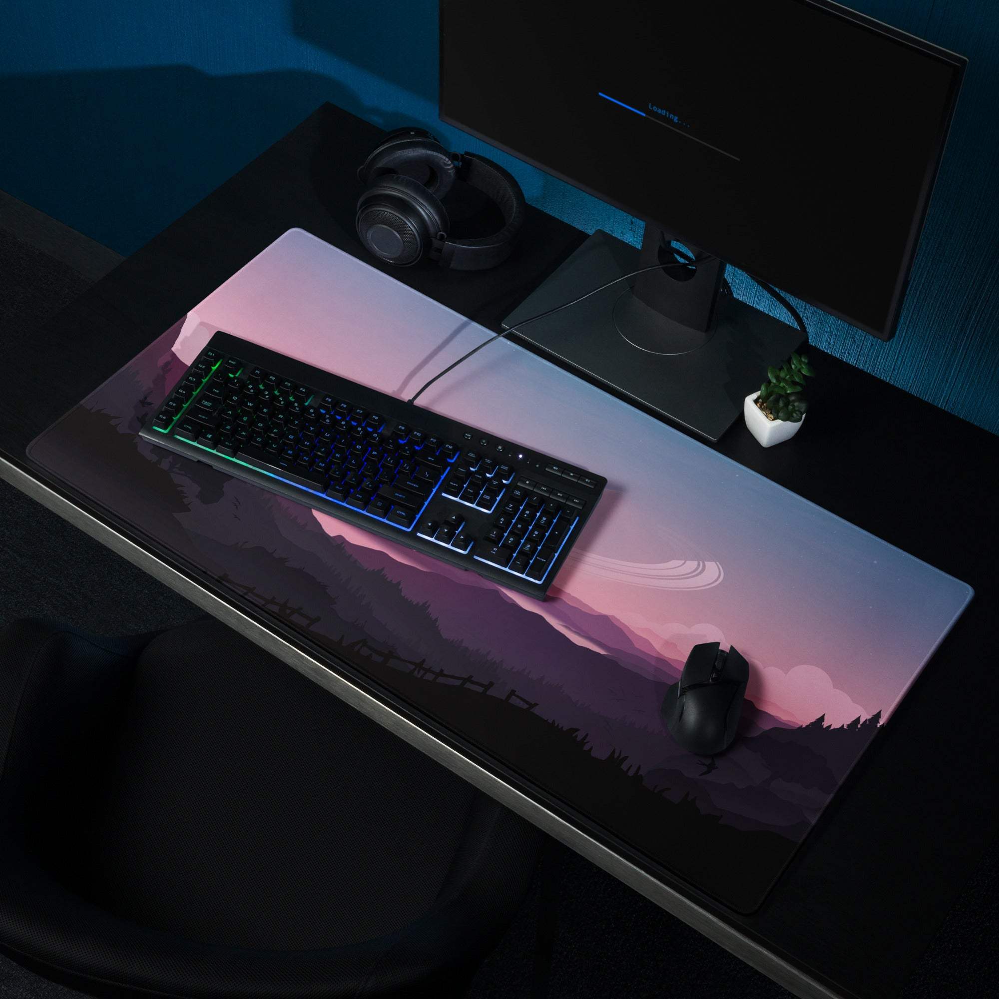 Epic Landscape Pink Sunset gaming mouse pad with pink-purple gradient mountains