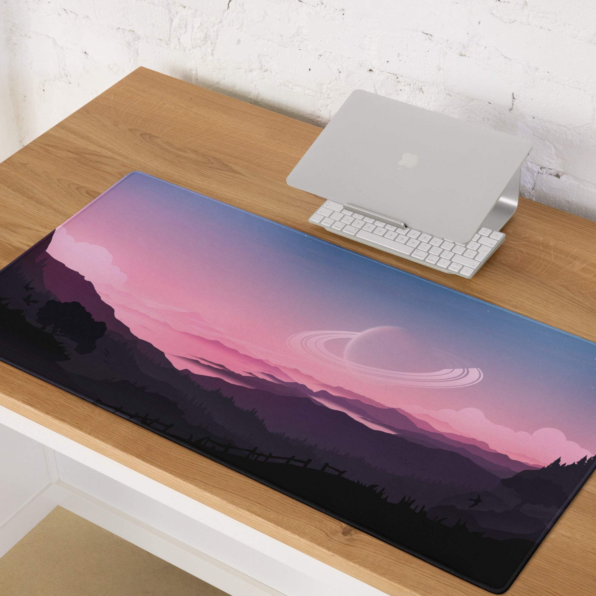 Epic Landscape Pink Sunset gaming mouse pad with Saturn planet and non-slip base