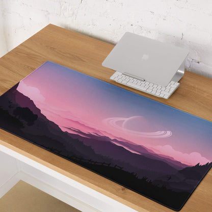 Epic Landscape Pink Sunset gaming mouse pad with Saturn planet and non-slip base