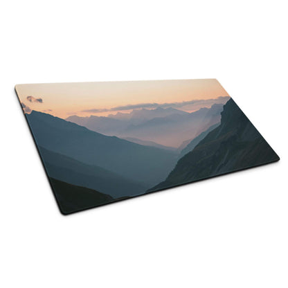 Mountain sunrise rectangular gaming mouse pad with peach-blue gradient peaks