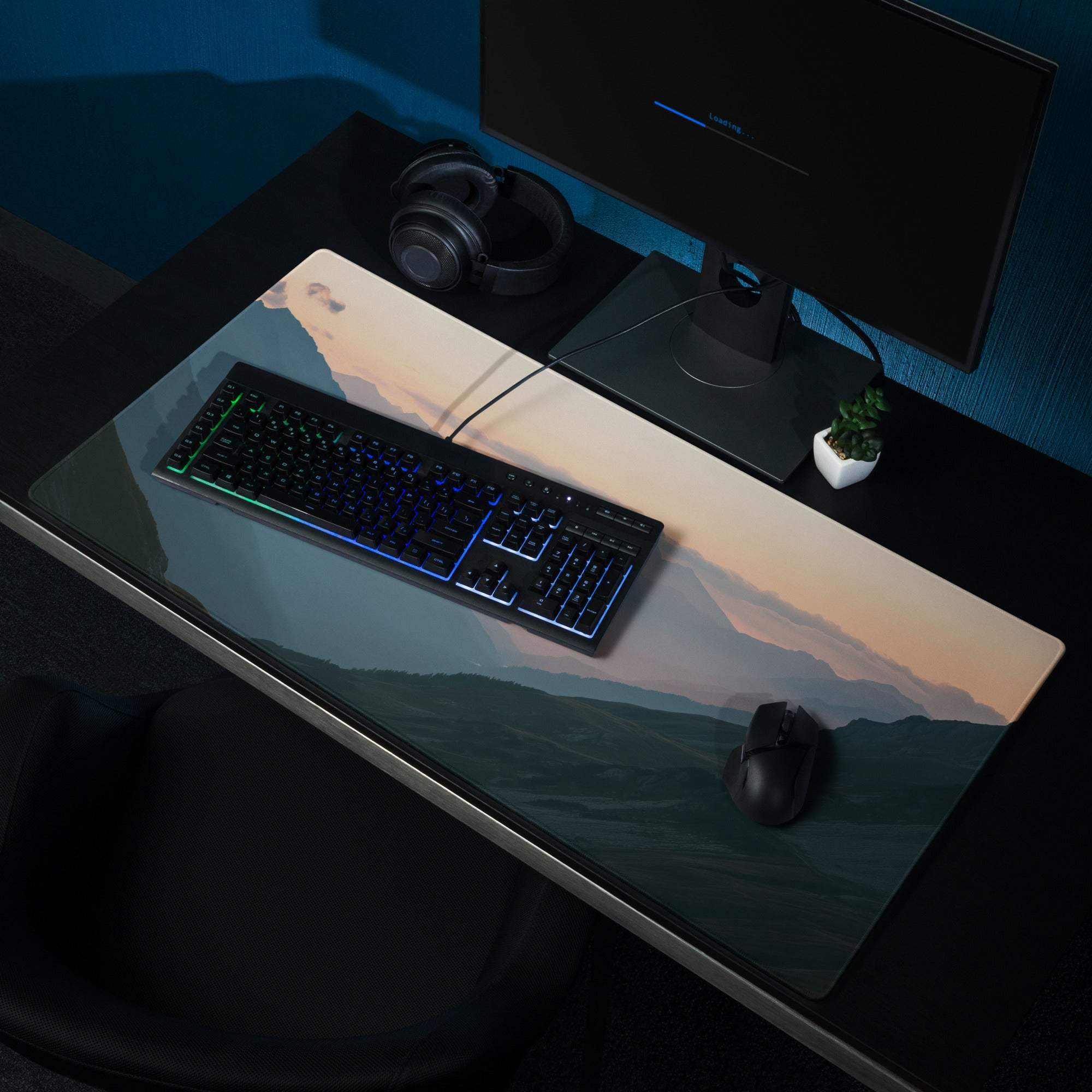 Mountain Sunrise large gaming mouse pad with serene blue-beige peaks