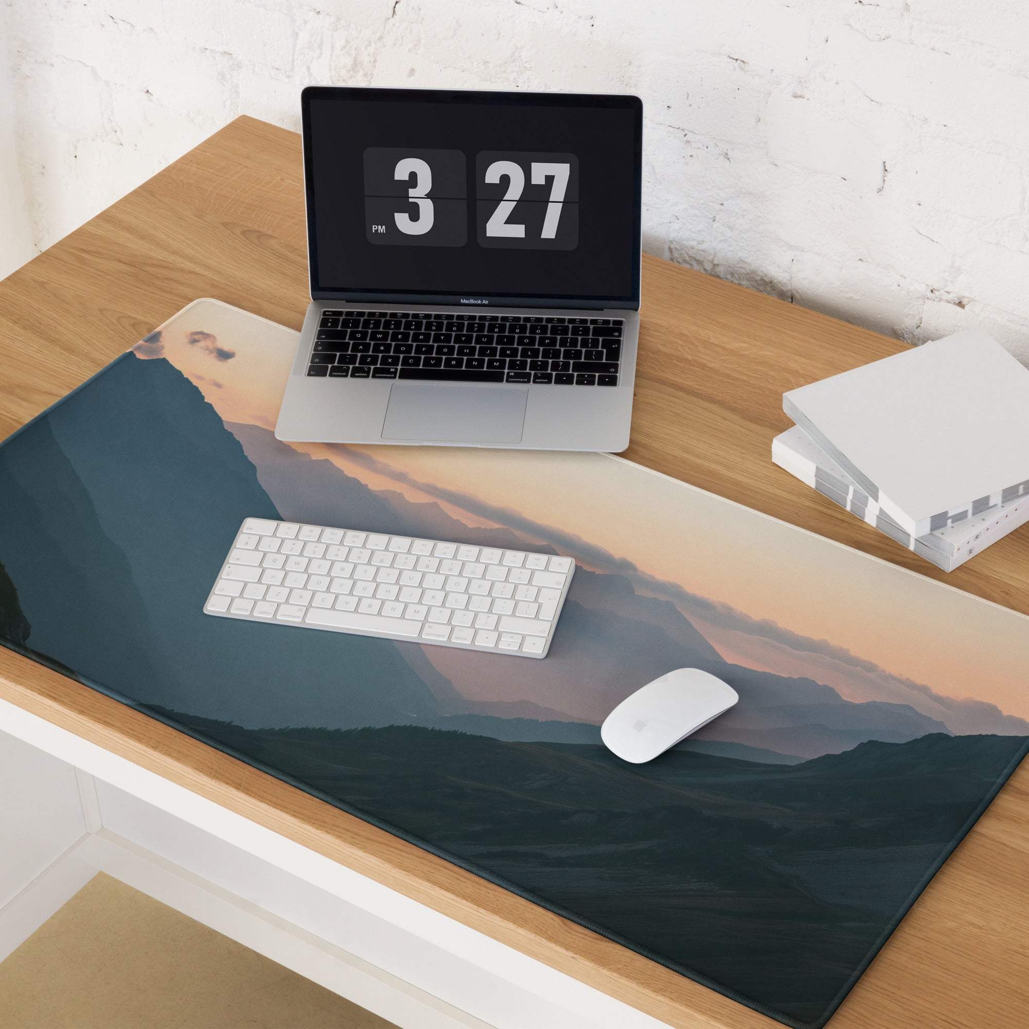Mountain Sunrise large gaming mouse pad with scenic blue-gray-peach landscape