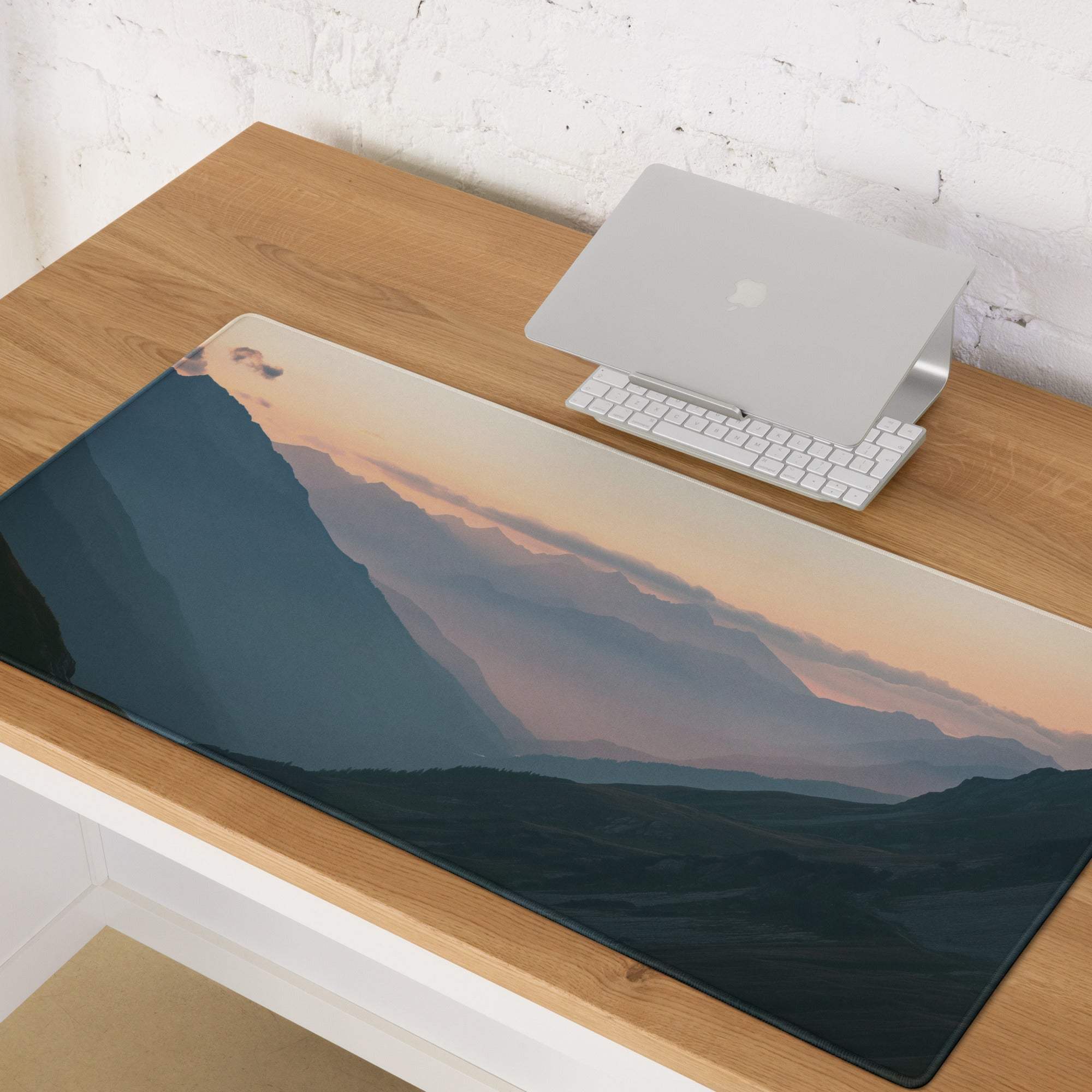 Mountain Sunrise large gaming mouse pad with serene blue-peach landscape