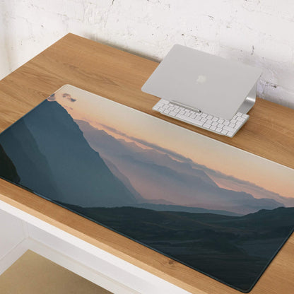 Mountain Sunrise large gaming mouse pad with serene blue-peach landscape