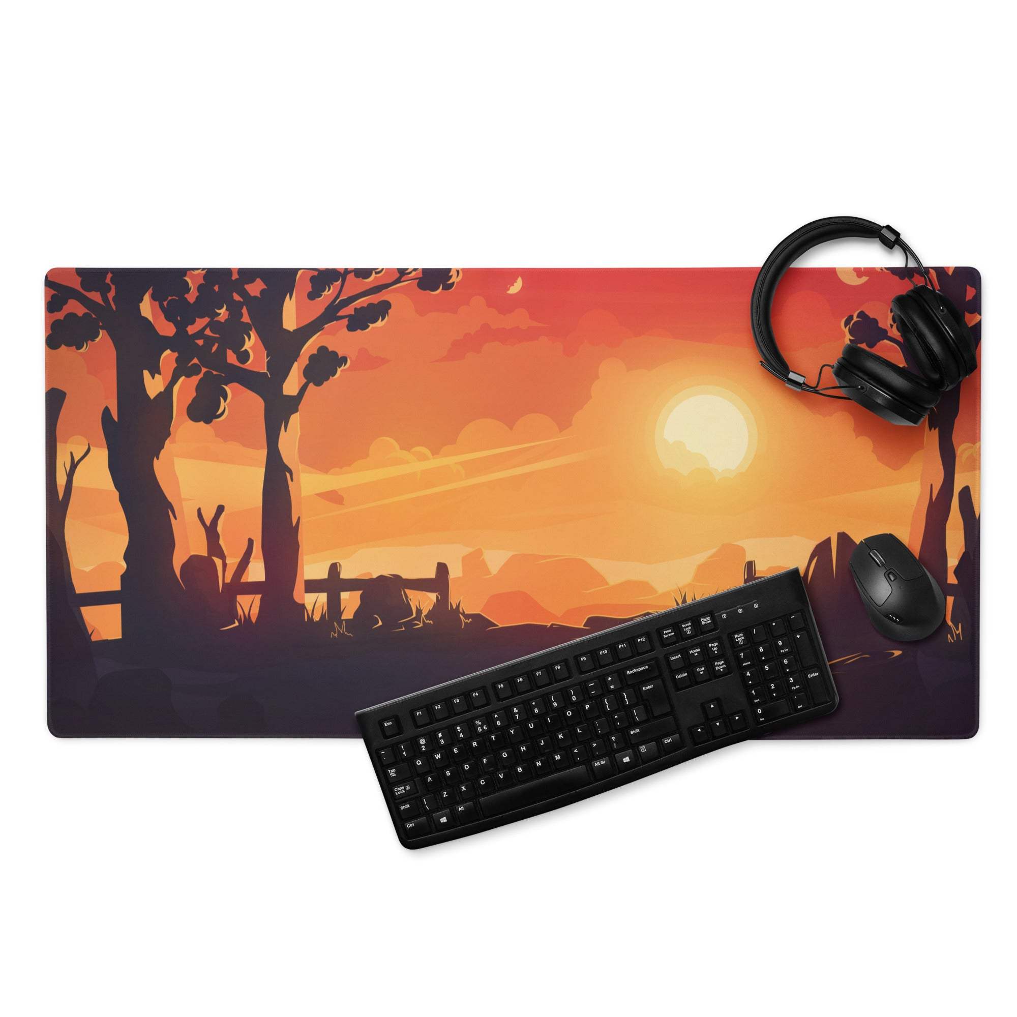 Stylized orange red sunset gaming mousepad with silhouetted trees fence rabbit