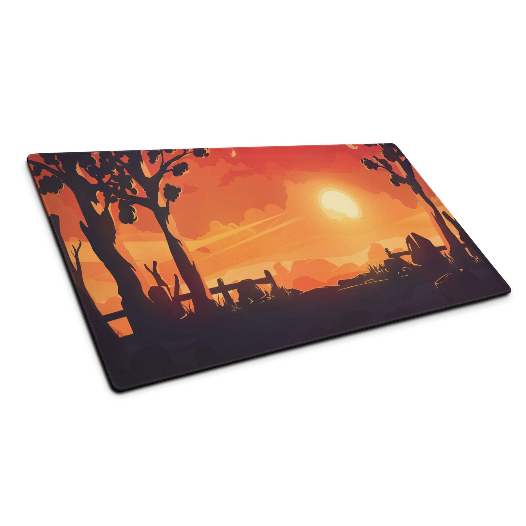 Large stylized sunset gaming mousepad with non-slip edge stitching