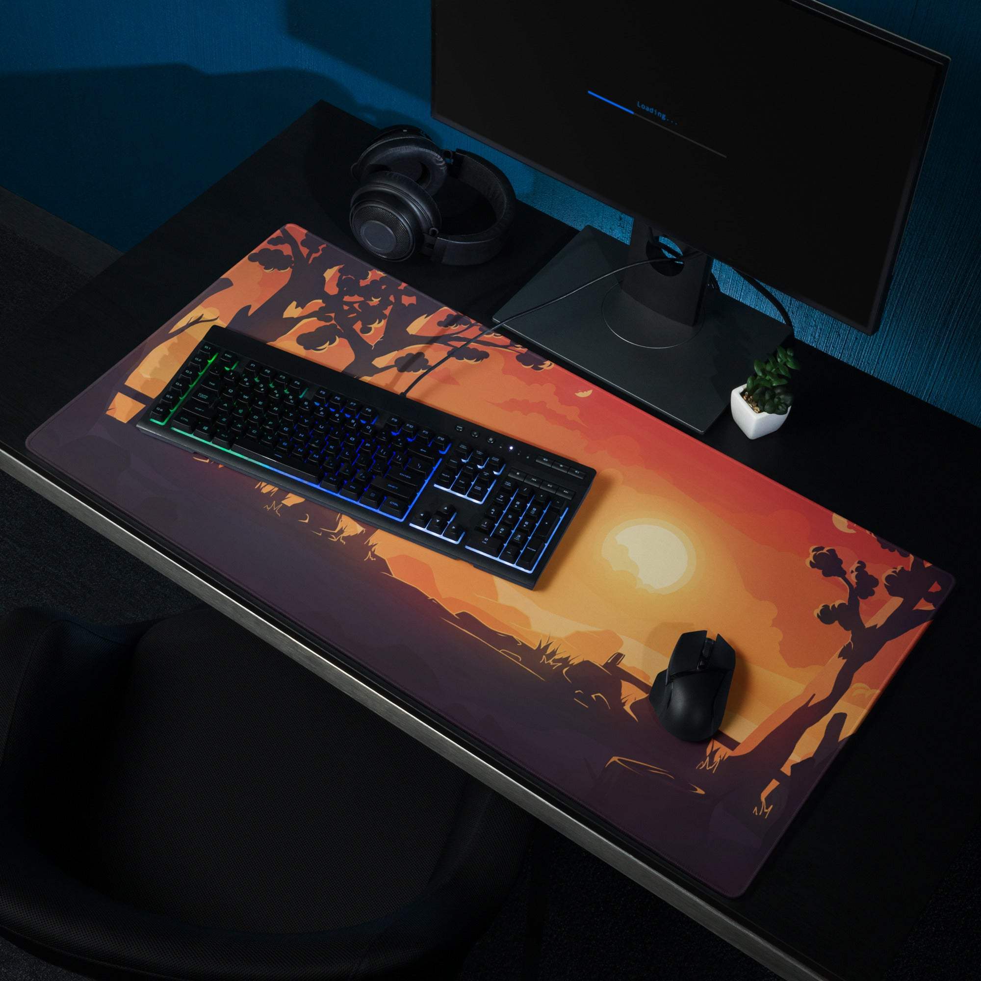 Vibrant orange black sunset landscape gaming mousepad with non-slip edge stitching