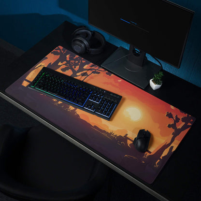 Vibrant orange black sunset landscape gaming mousepad with non-slip edge stitching