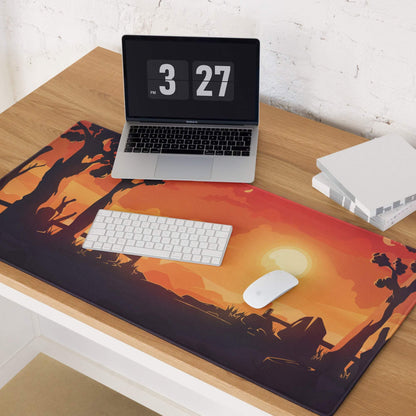 Vibrant orange black sunset gaming mousepad with silhouetted trees rocks sun