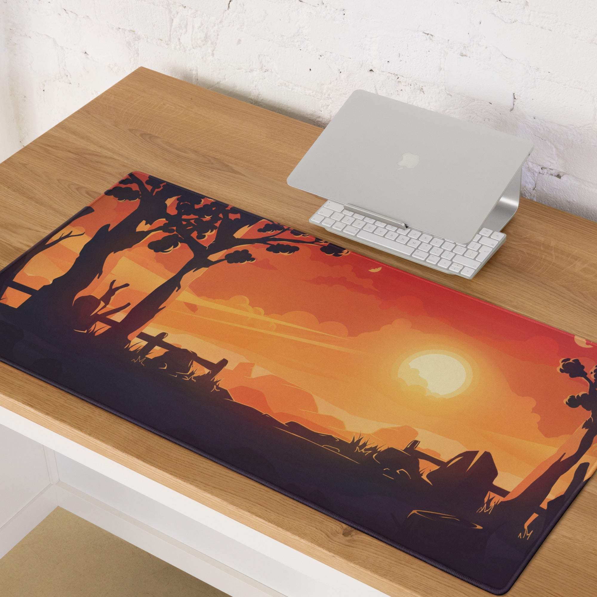 Stylized sunset gaming mouse pad with non-slip edge stitching