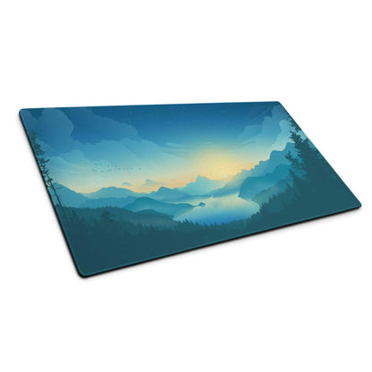Dreamy Mountain Sunrise blue gradient large gaming mouse pad with lake peaks trees