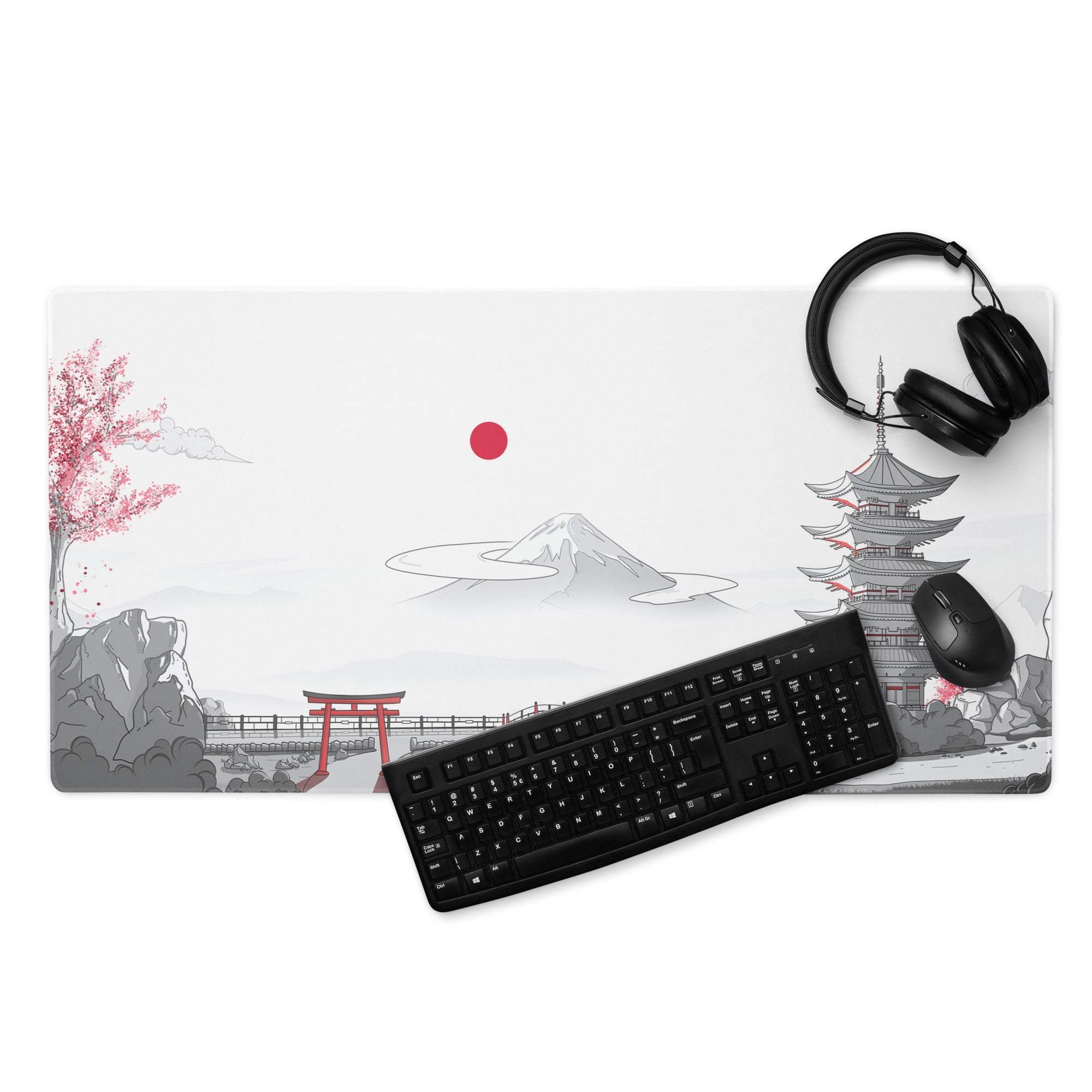 Japanese Zen Landscape white and red large gaming mouse pad with Mount Fuji