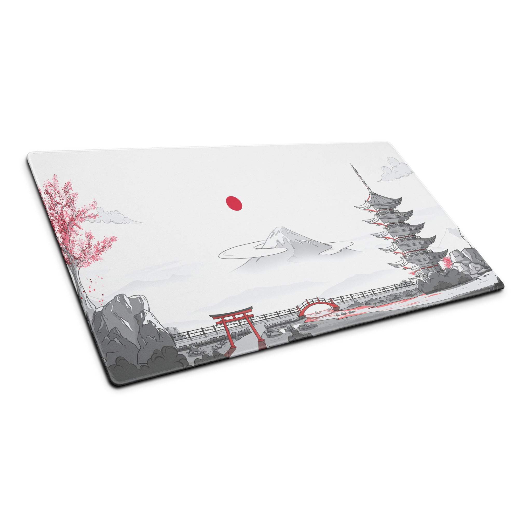 Japanese zen landscape mouse pad with Mount Fuji, torii gate, red cherry blossoms