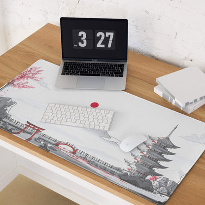 Japanese zen landscape white red gaming mouse pad with pagodas torii cherry blossoms airplane