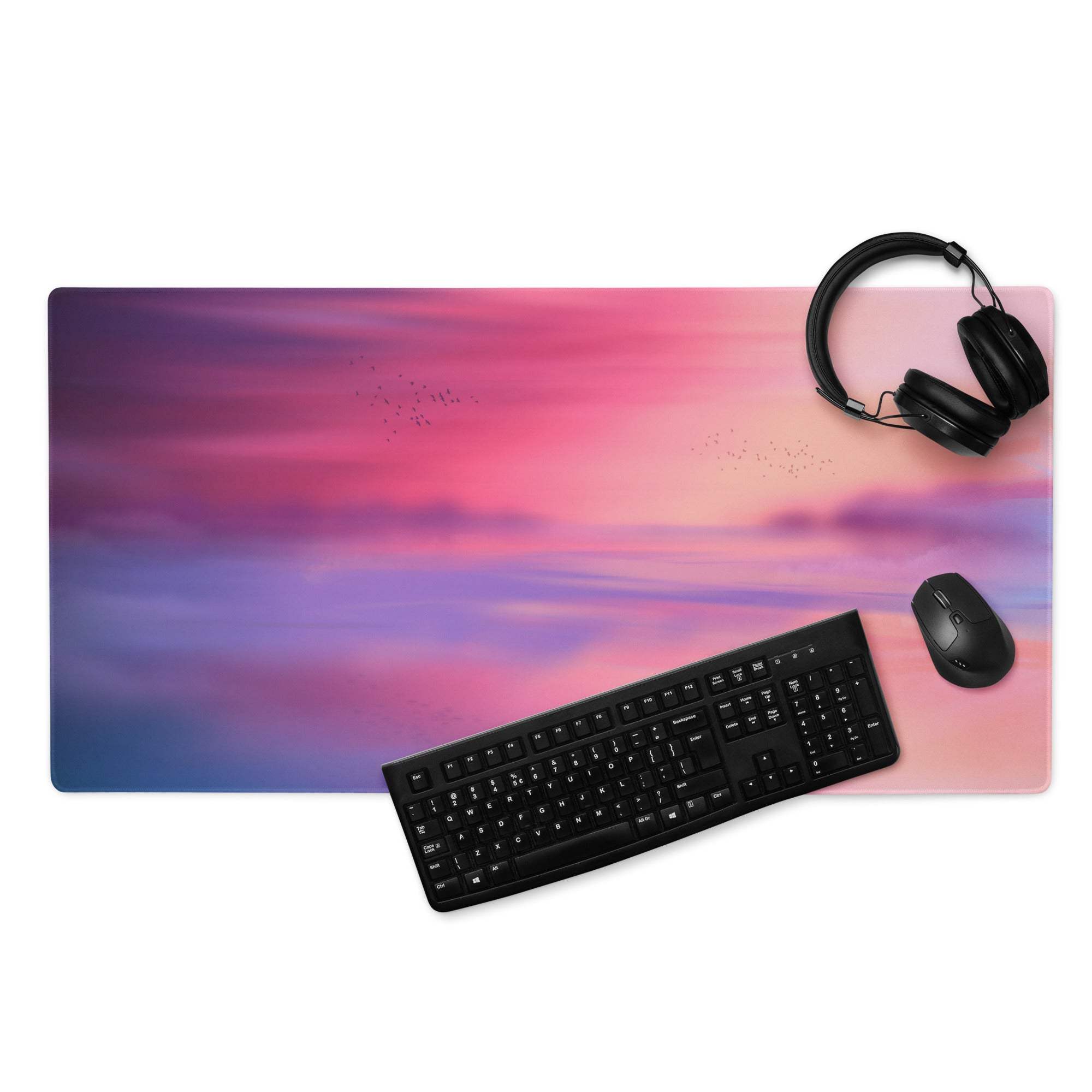 Large pastel sunset gradient gaming mouse pad with non-slip edge stitching