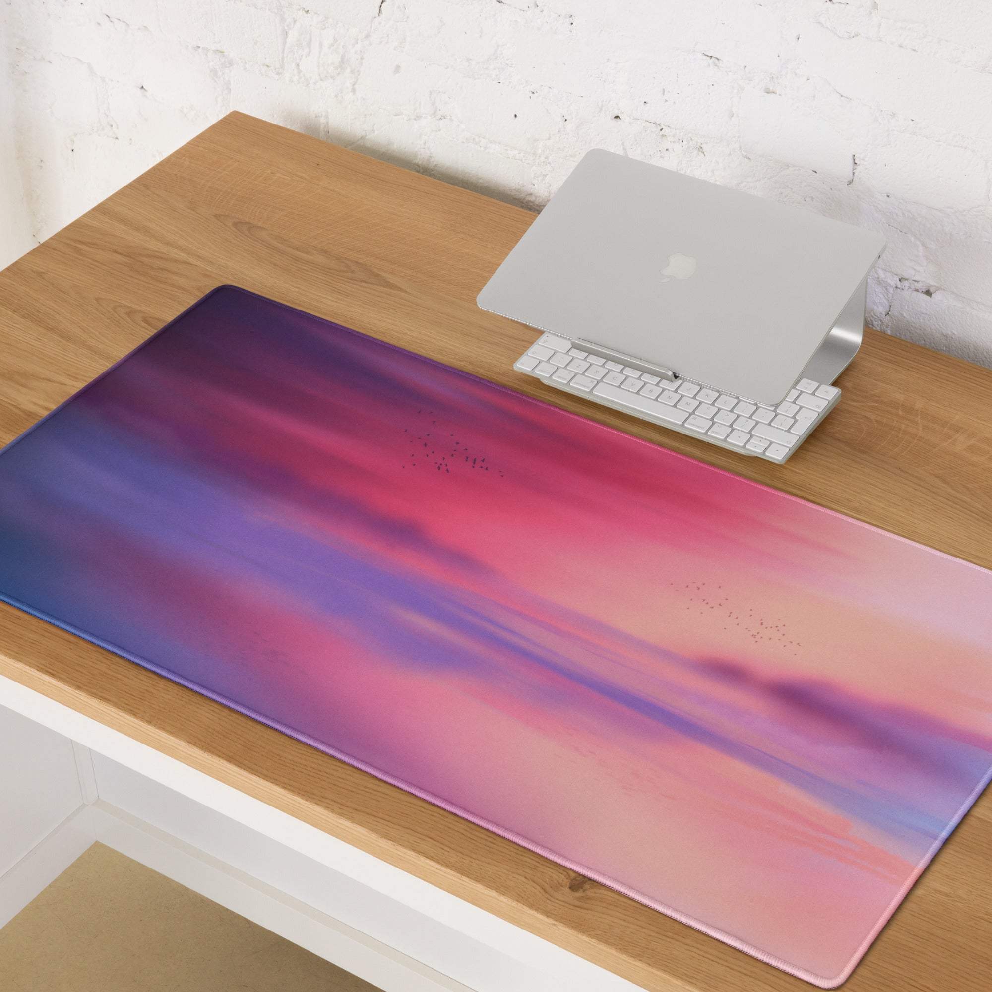 Pastel sunset gradient gaming mouse pad large size with vibrant pink purple blue hues and clouds