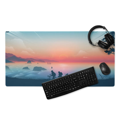 Epic sunset gaming mouse pad with orange pink hues, cyclists, mountains, non-slip base