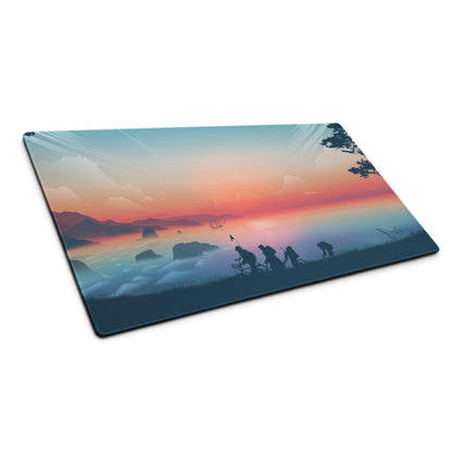 Rectangular glass cutting board with vibrant sunset cyclists and mountains
