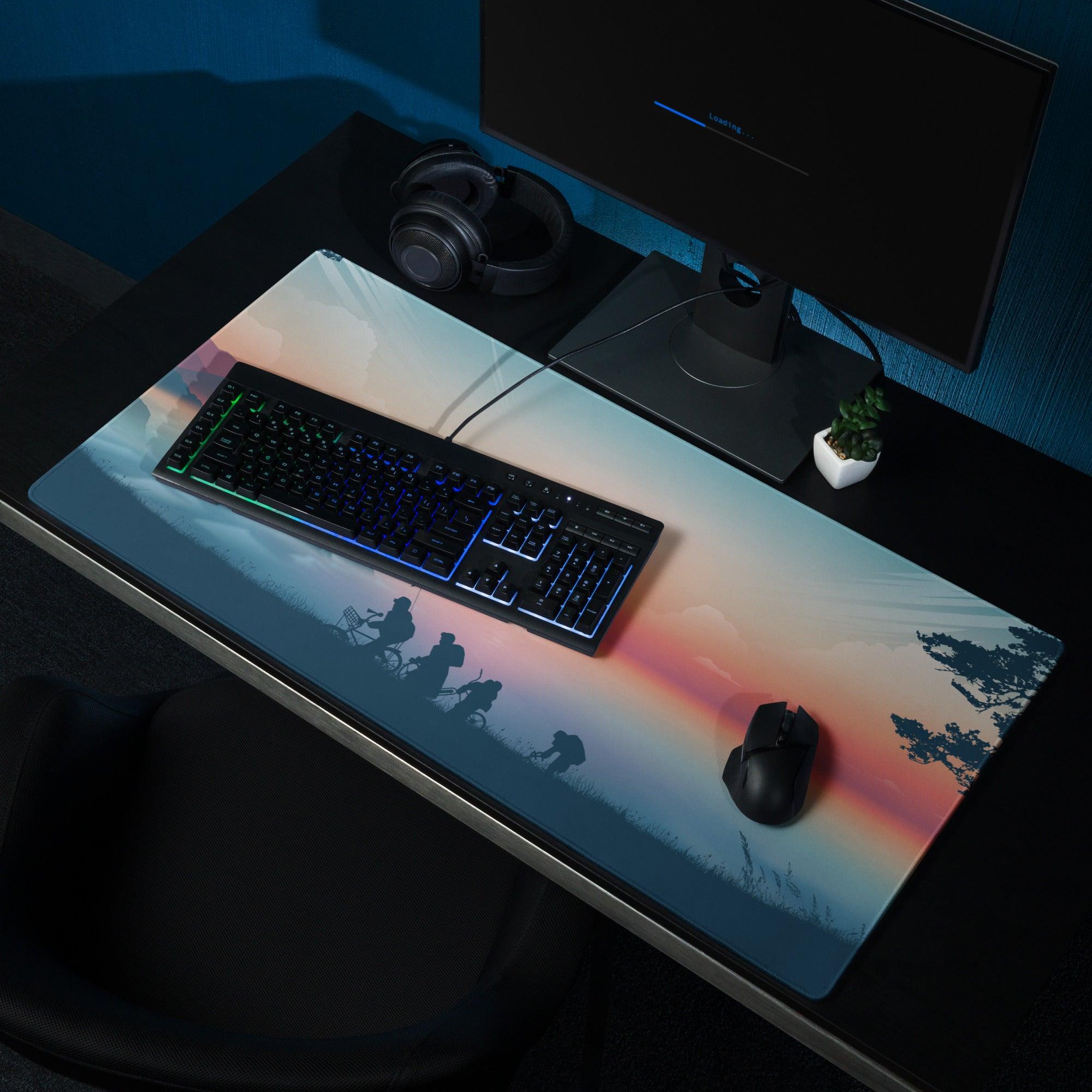 Epic Sunset gaming mousepad with orange pink sunset, horse silhouettes, non-slip base