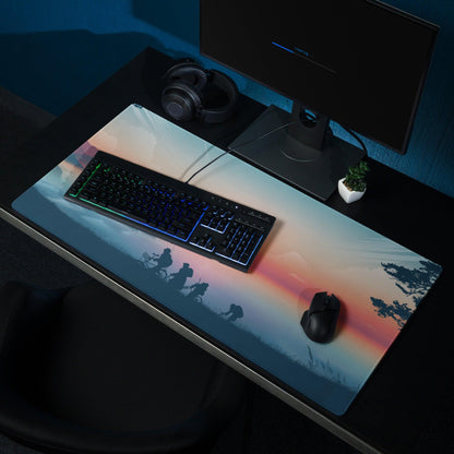 Epic Sunset gaming mousepad with orange pink sunset, horse silhouettes, non-slip base