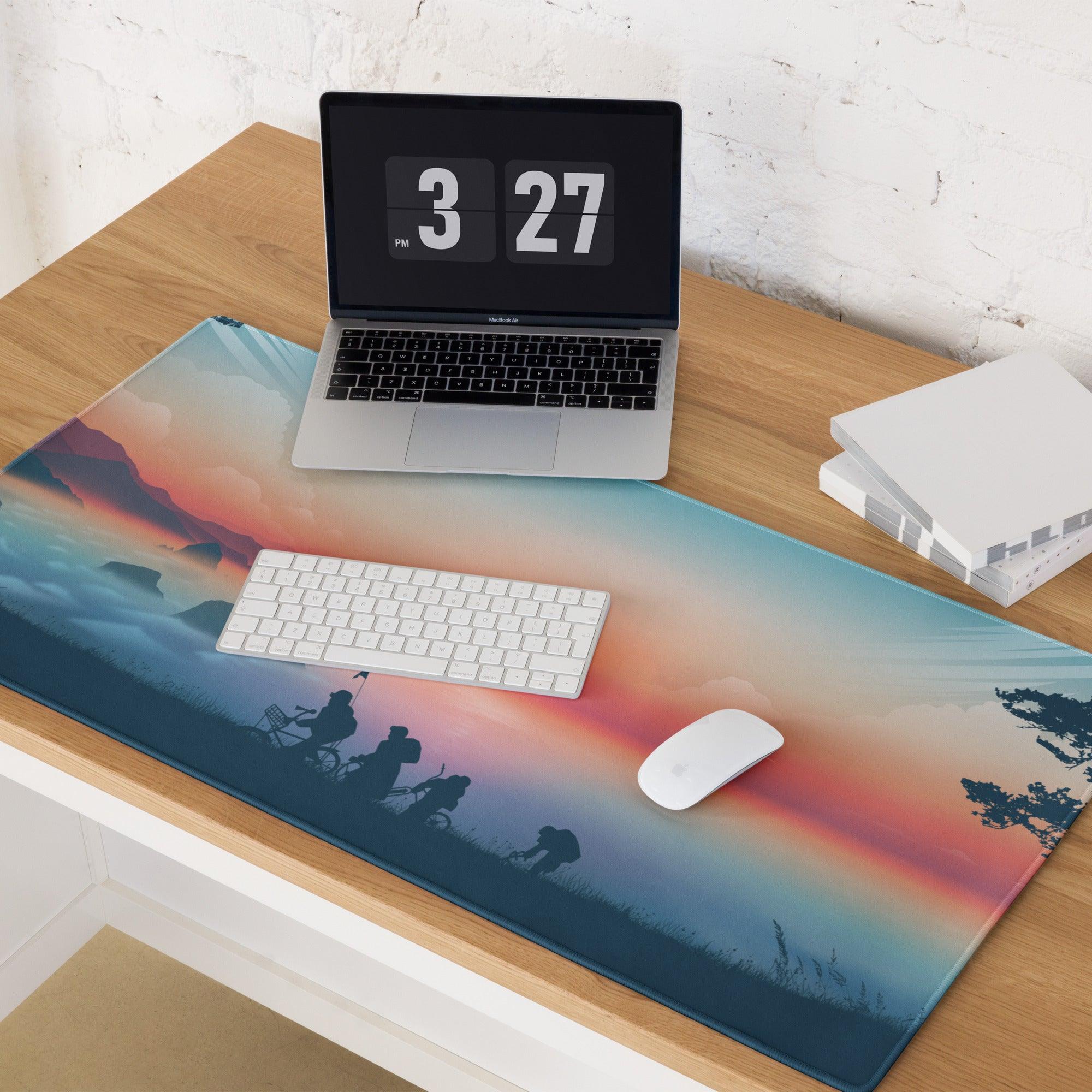 Epic sunset gaming mouse pad with orange pink hues, hikers, bikes, non-slip base