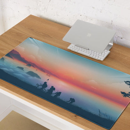 Epic Sunset gaming mouse pad with orange pink hues, hikers, mountains, non-slip base