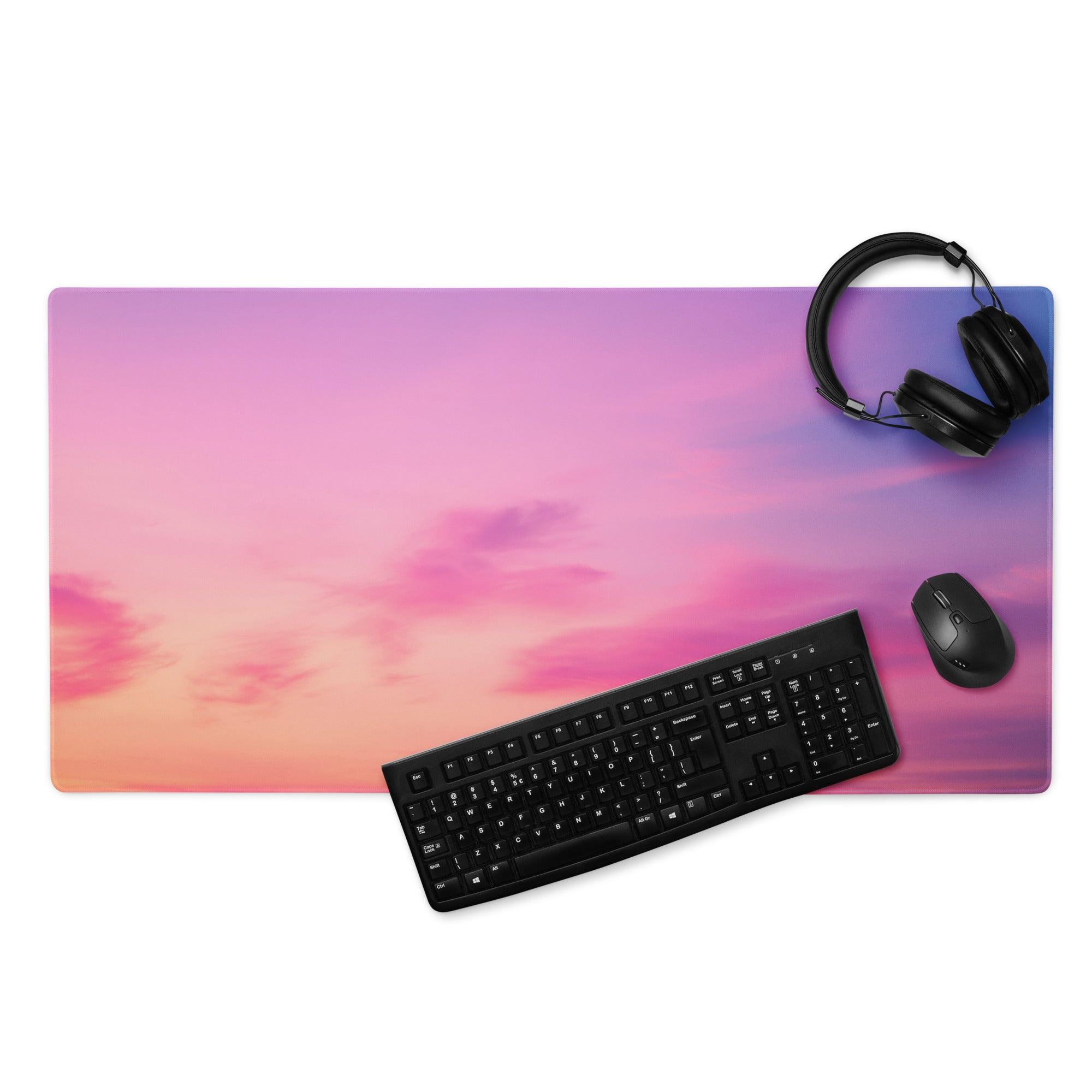 Dreamy gradient large gaming mouse pad with pink-to-purple sky, clouds, non-slip backing