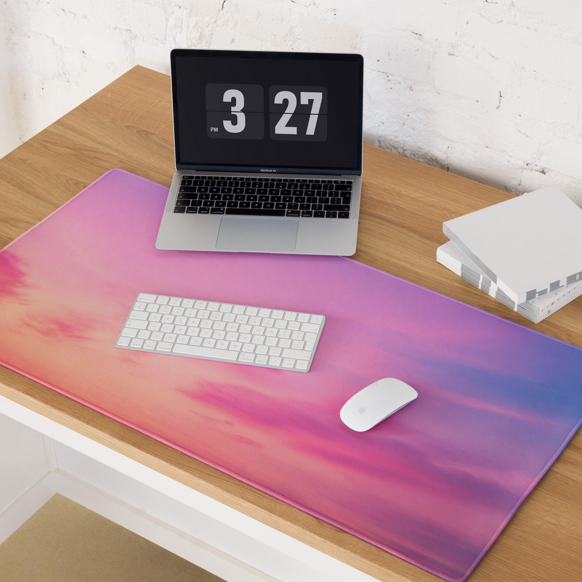 Dreamy gradient large gaming mouse pad with pink to purple sky, non-slip backing