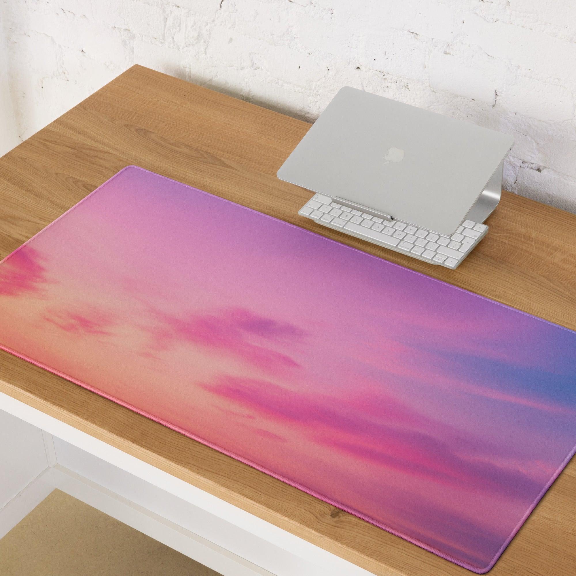 Dreamy gradient large gaming mouse pad with pink purple sky clouds and blue fade