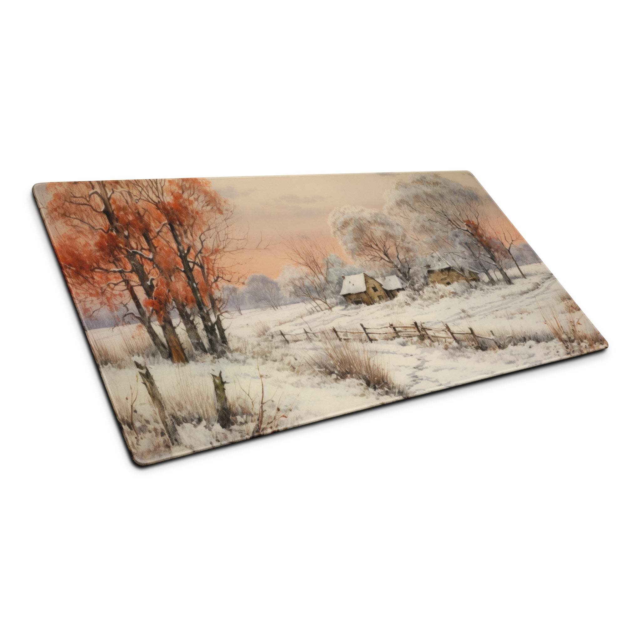 Large nature-inspired snowy winter landscape gaming mouse pad with non-slip base