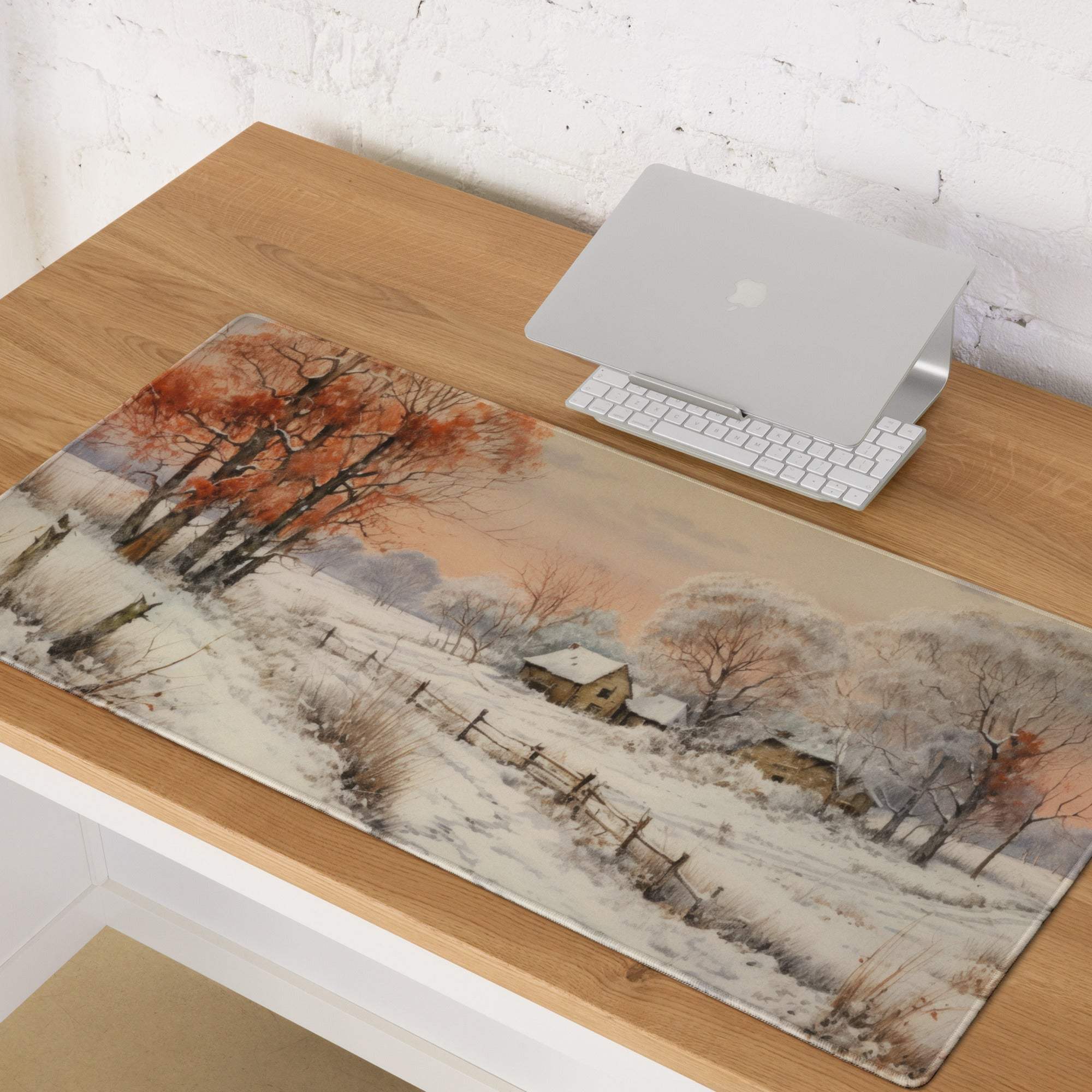 Large nature-inspired snowy winter landscape gaming mouse pad with non-slip base