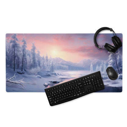 Winter snowy forest sunset gaming mousepad with non-slip base