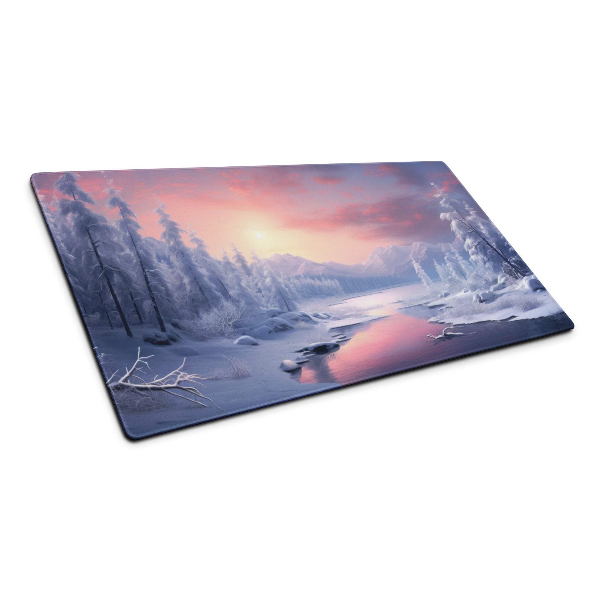 Winter Landscape Snowy Forest Sunset Gaming Mouse Pad with Frosty Trees & Lake