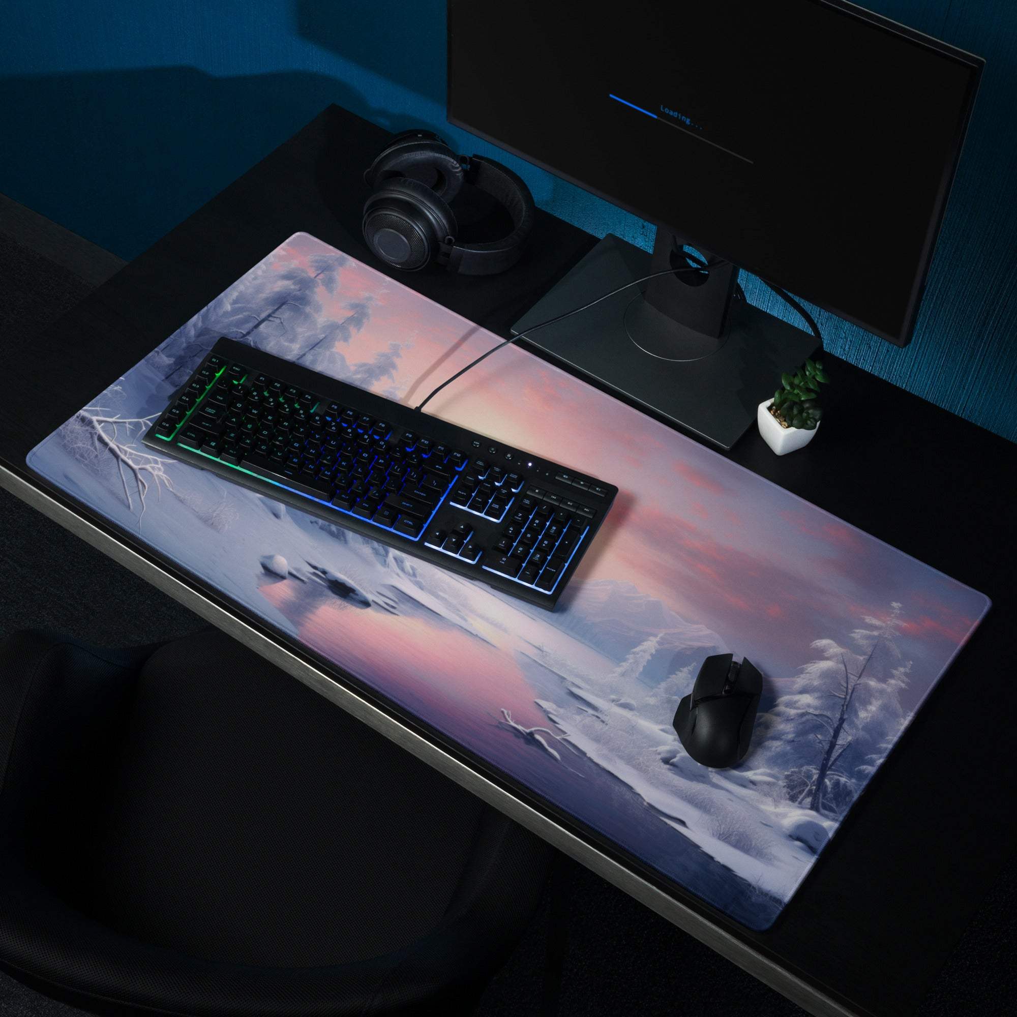 Winter snowy forest sunset gaming mousepad with non-slip base